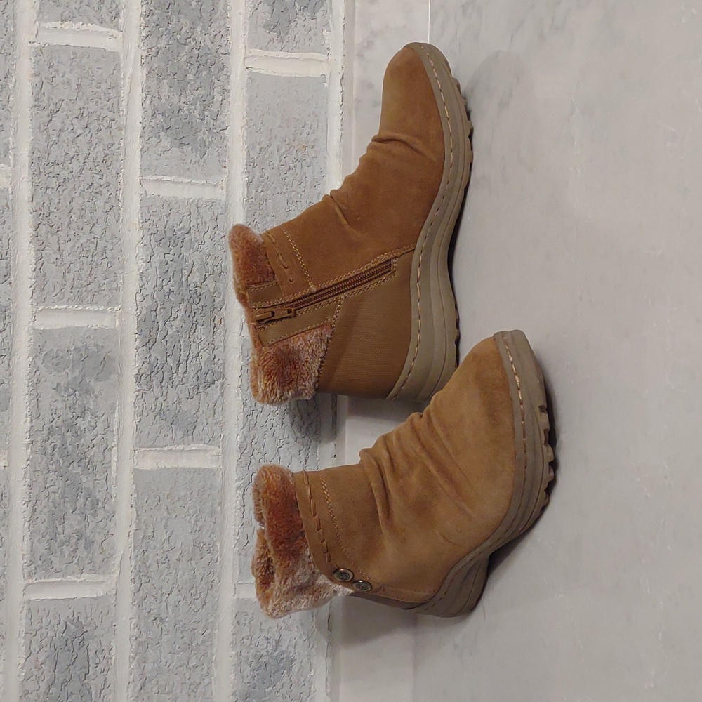 Baretraps Alick Leather Suede Faux Fur Tops Tan Stitched Ankle Boots Size 7